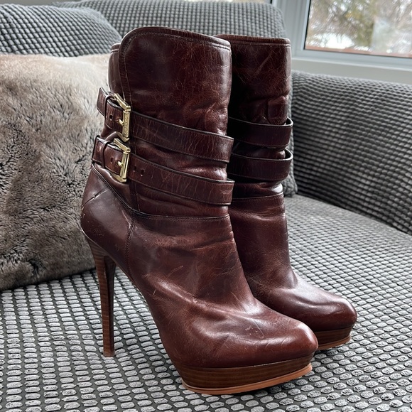 Size 7.5 Michael Kors Stacked heel fur lined tobacco leather boots - Picture 2 of 4